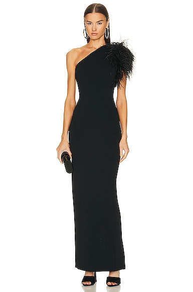 Rachel Gilbert Elcie One-shoulder Column Gown With Feathers In Black
