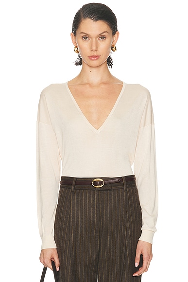 RENGGLI Silk Cashmere V Neck Sweater in Eggshell