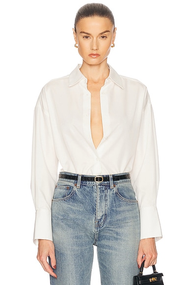 RENGGLI Boxy Long Sleeve Button Up Top in Bone