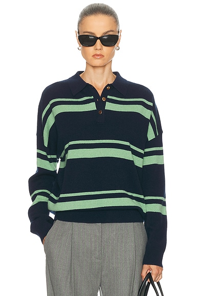 RENGGLI Cashmere Striped Polo Top in Midnight & Jade