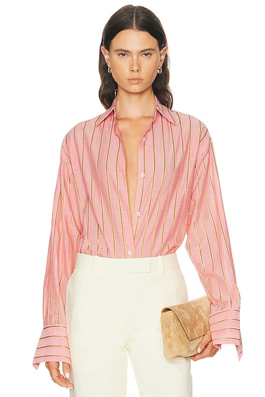 RENGGLI Stripe Boxy Long Sleeve Button Up Shirt in Hibiscus & Bronze