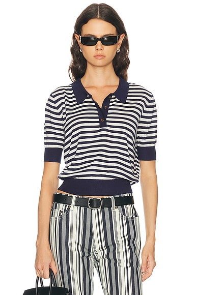 RENGGLI Silk Cashmere Stripe Knit Polo Top in Midnight & Chalk