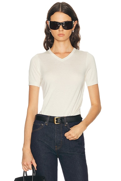 RENGGLI Silk Cashmere V-Neck Knit Tee in Ecru