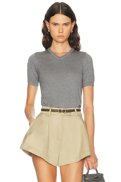 RENGGLI Silk Cashmere V-Neck Knit Tee in Pebble