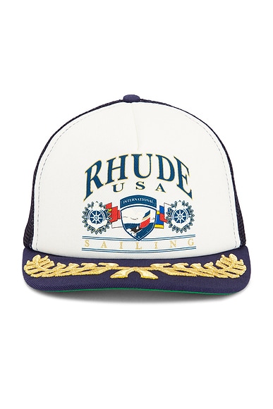 Rhude USA Sailing Icon Trucker Hat in Navy & White