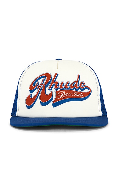 Rhude Pit Stop Trucker Hat in White, Blue, & Red