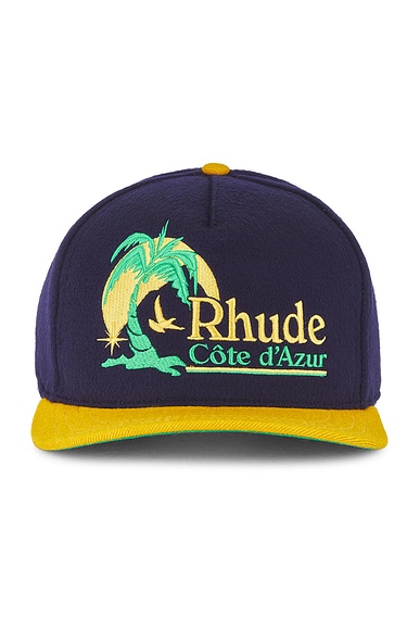 Shop Rhude Azur Coast Hat In Navy & Yellow