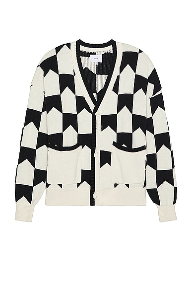 Shop Rhude Chevron Checkered Knit Cardigan In Black & Cream