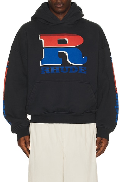 Rhude Split Petrol Logo Hoodie in Vintage Black, Red, & Blue