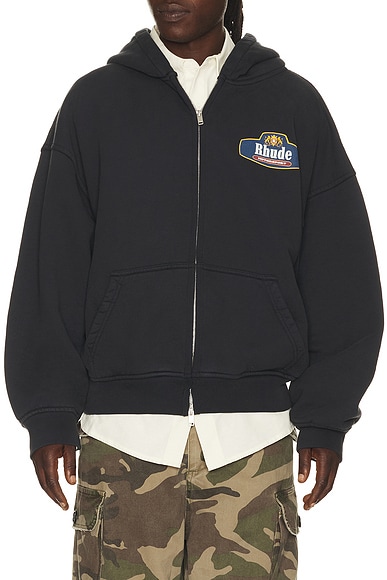 Rhude Racing Crest Zip Up Hoodie in Vintage Black & Navy