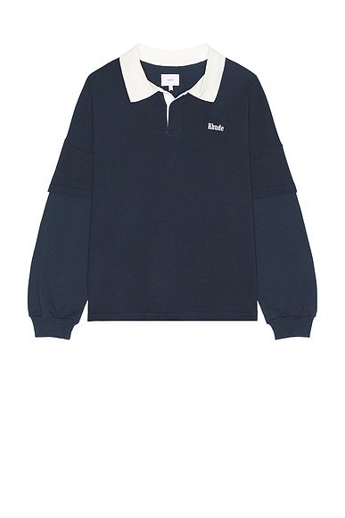 Rhude Layered Pique Polo in Dark Navy & White