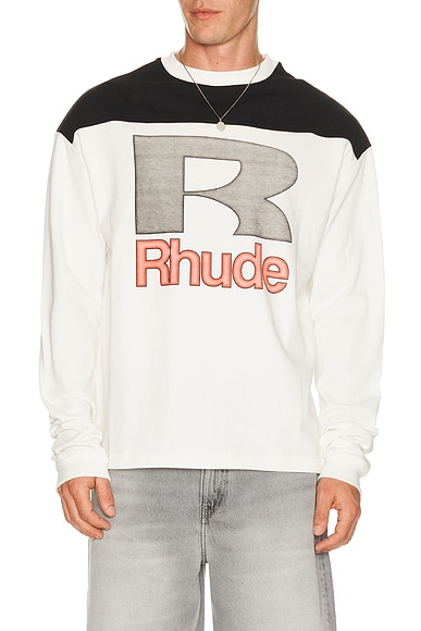 Rhude Racing Panel Long Sleeve Shirt in White, Black, & Red
