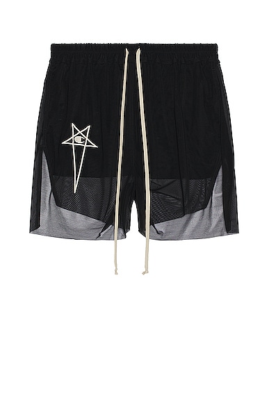 Rick Owens Champion Dolphin Straight-leg Embroidered Stretch Recycled-mesh Shorts In Black