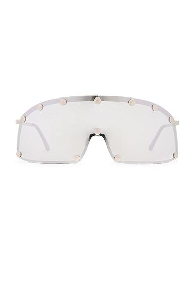 Rick Owens Shield Sunglasses in Silver Temple & Silver Lens