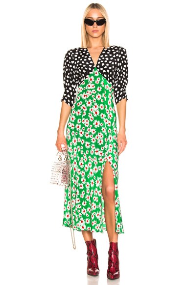 RIXO Martha Dress in Spot Green Red Daisy FWRD