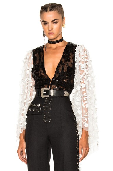 Pleather Floral Deep V-Neck Blouse