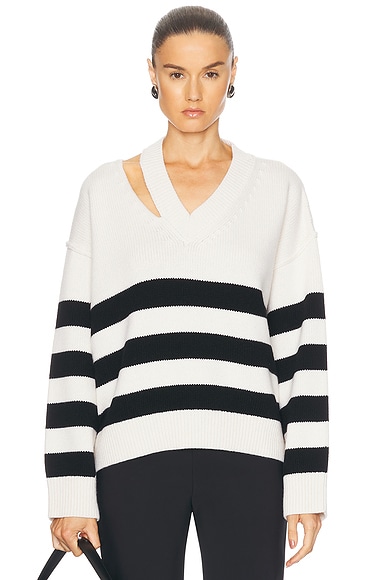 Rohe Deconstructed Cashmere Knitted Breton V-Neck Sweater in Off White & Black White Stripe