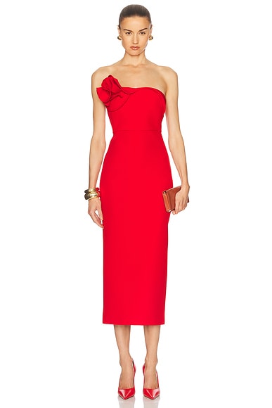 Strapless Flower Drape Crepe Midi Dress