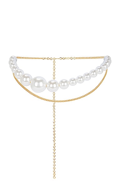 Rowen Rose Asymmetric Pearl Chain Belt in Gold & White