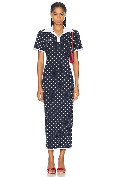 Rowen Rose Long Polo Dress in Navy Blue & White Polka Dots