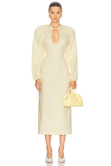 Rowen Rose Long Sleeve Midi Dress in White & Yellow
