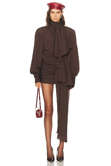 Rowen Rose Long Sleeve Mini Dress in Brown