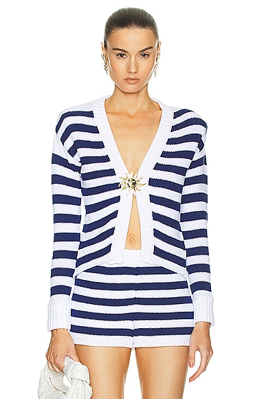 Shop Rowen Rose Striped Cropped Cardigan In Blue & White