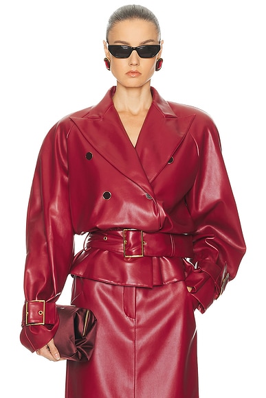 Rowen Rose Faux Leather Belted Jacket in Bordeaux