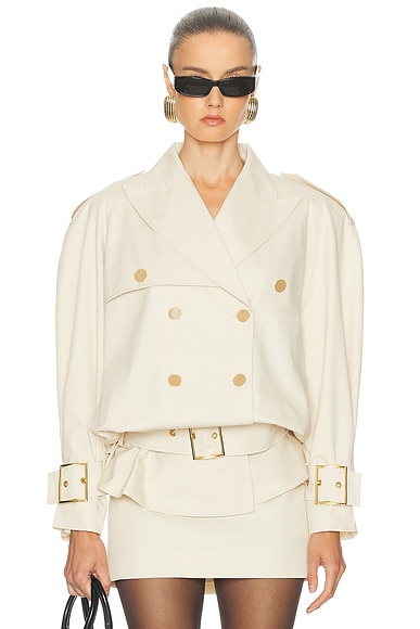 Rowen Rose Faux Leather Belted Jacket in Beige Gabardine