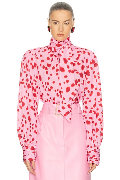Rowen Rose Tie Neck Blouse in Pink & Red Dalmation
