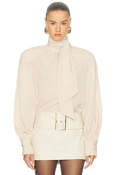 Rowen Rose Tie Neck Blouse in Beige