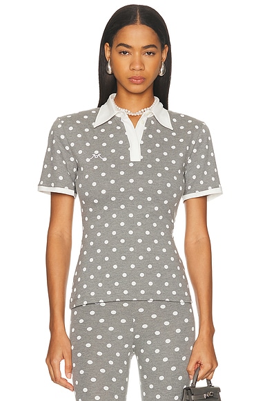 Rowen Rose Short Sleeve Polo Top in Grey Polka Dots