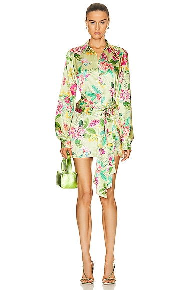 ROCOCO SAND Rue Long Sleeve Short Dress in Lime Green Colourful Floral