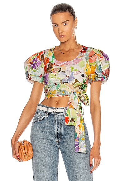 Rosie Assoulin Puff Sleeve Crop Top in Green