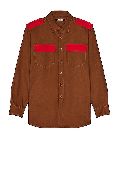 Raf Simons Straight Fit Bicolor Denim Uniform Shirt in Dark Brown & Red