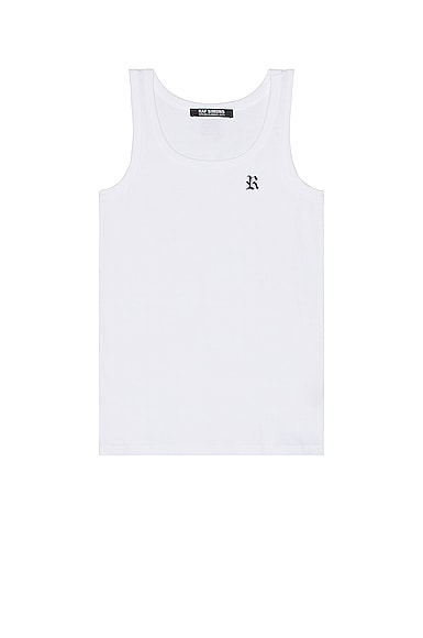 Shop Raf Simons Tank Top With R Print And Leather Patch In White