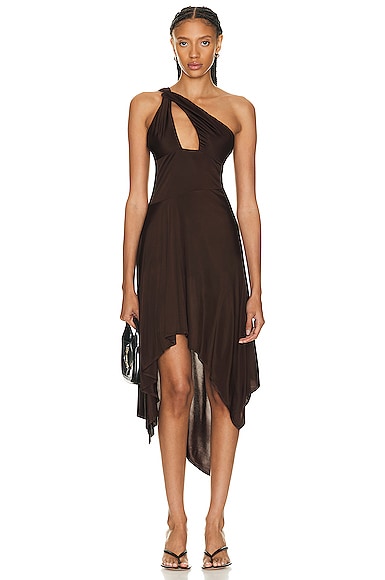 Rta Logo Ring One Shoulder Dress In Chocolate Brown