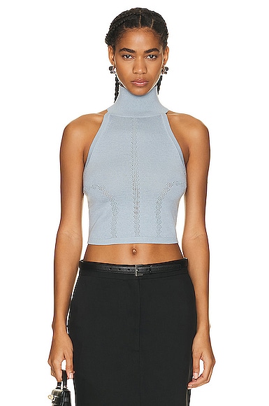 Rta Cropped High Neck Sweater Tank In Dusty Blue