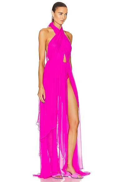 Shop Retroféte Ina Silk Dress In Neon Pink