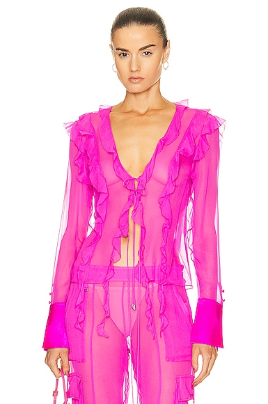 Retroféte Aviva Silk Blouse In Neon Pink