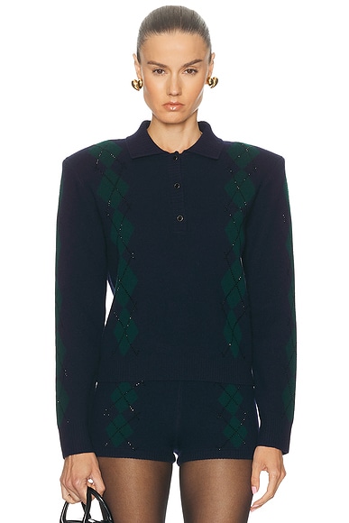 retrofete Nicolina Embellished Polo Top in Pine & Navy