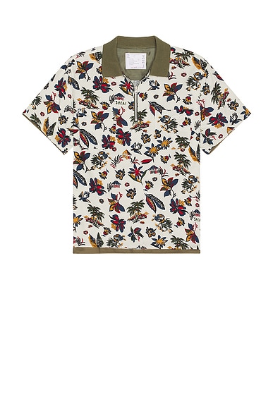 Sacai Car Race Tropical Print Polo Shirt in Ivory Tropical