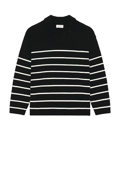 SATURDAYS NYC Mole Yarn Stripe Skipper Knit Polo in Black