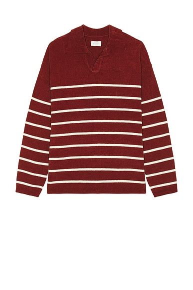 SATURDAYS NYC Mole Yarn Stripe Skipper Knit Polo in Brick