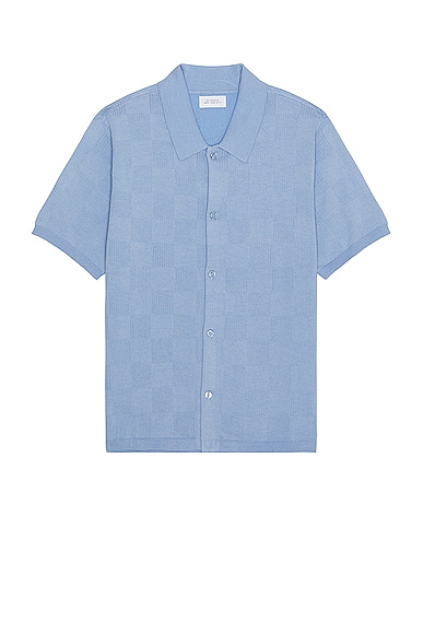 SATURDAYS NYC Kenneth Checkerboard Knit Short Sleeve Shirt in Forever Blue