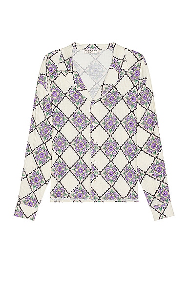 Henry Resort Collar Printed Long Sleeve Shirt in Purple