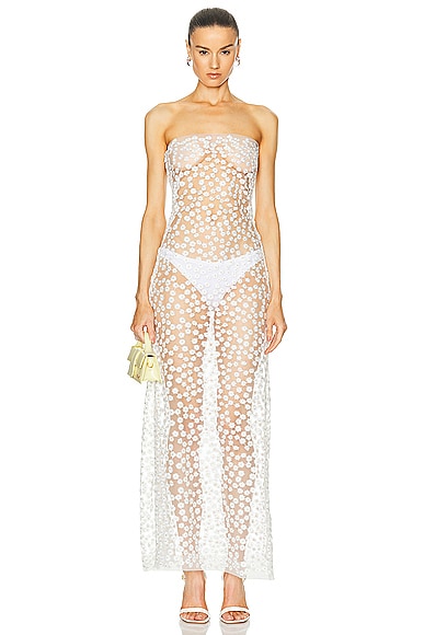 Sid Neigum Sheer Floral Embroidered Strapless Dress in White