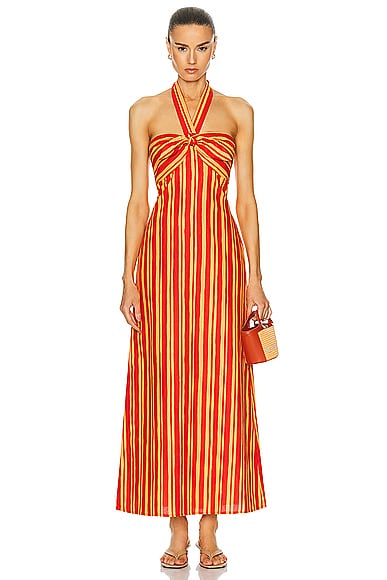 Shop Simon Miller Del Linen Dress In Retro Red & Acid Orange Stripe