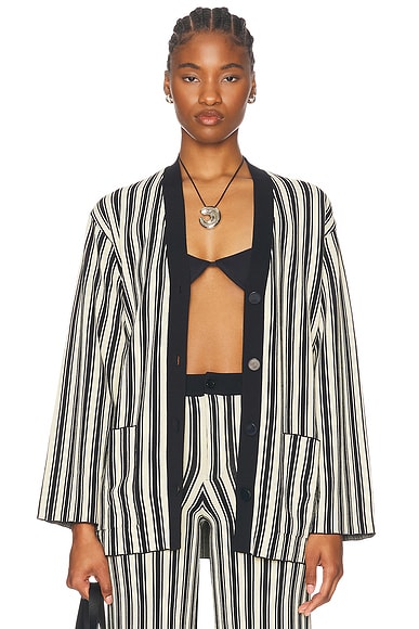 SIMONMILLER Max Belted Knit Cardigan in Black & Rice Flour Stripe