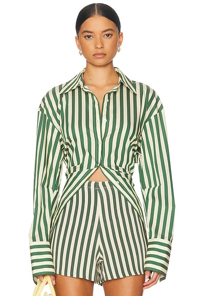 SIMONMILLER Loch Poplin Button Up Top in Gummy Green & Ecru